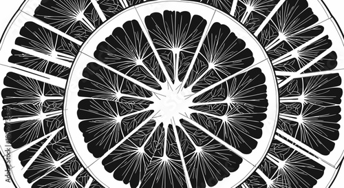 Abstract monochrome citrus fruit slices radial pattern.