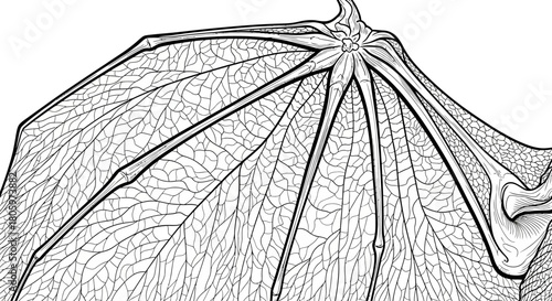 Detailed close-up of a bat wings intricate vein structure, showcasing its delicate and complex biological design in monochrome.