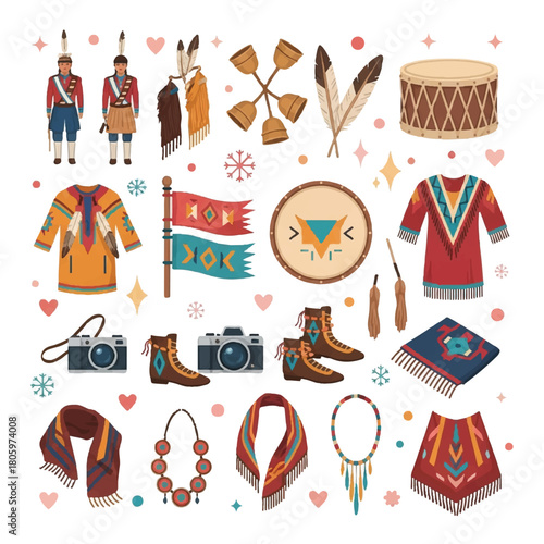 Bohemian tribal elements set including clothing and accessories.