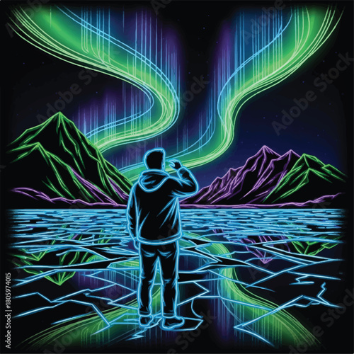 Man watching aurora borealis neon light show over cracked ice surface.