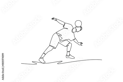 Continuous one line drawing young man soccer freestyle athlete balancing ball on back of his neck while leaning forward. Precise control and focus. Single line draw design vector graphic illustration