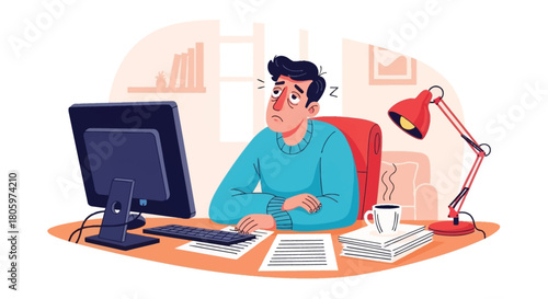 Exhausted man needs break working long hours at his computer