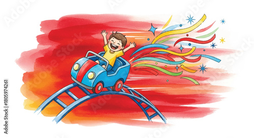 Excited boy enjoys a thrilling roller coaster ride illustration.
