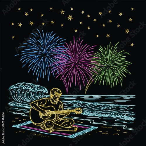 Man playing guitar under neon fireworks on a summer beach night.