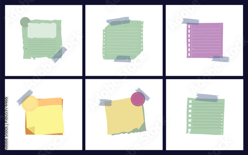 Sticky notes bundle pinned and taped paper collection, colorful memo papers with rough edges, masking tape, and pushpins in a simple grid