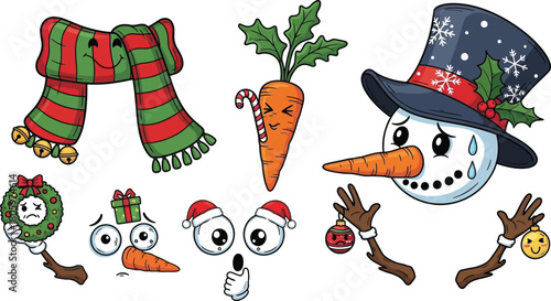 Various snowman parts and accessories with expressive cartoon faces vibrant modern vector design