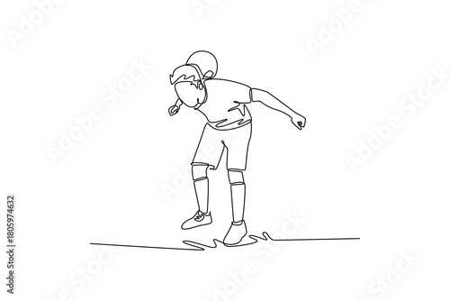 Single continuous line drawing young man soccer freestyle athlete expertly balancing ball on back of his neck while bouncing slightly. Precise control. One line draw graphic design vector illustration
