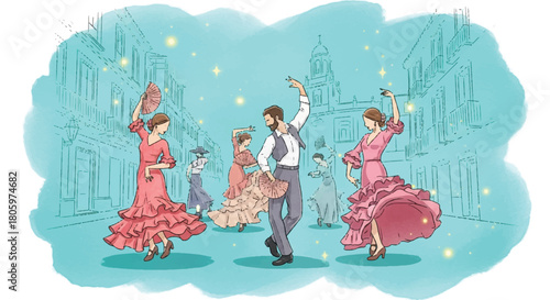 Watercolor illustration of flamenco dancers in an andalusian street.