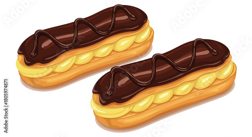 Delicious pair of chocolate eclairs with creamy custard filling and rich chocolate icing isolated on a clean white background.