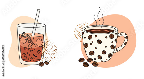 Set of two coffee drinks showing a glass of iced coffee and a hot steaming cup of coffee with abstract background shapes.