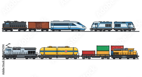 Collection of diverse trains and cargo on railway tracks, Generative AI.