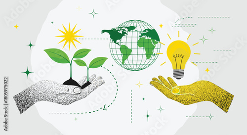 Green energy and environmental sustainability concept with hands holding a sapling and a lightbulb on either side of the planet Earth.