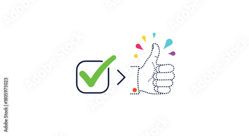 Concept of approval and positive feedback shown with a green checkmark leading to a stylized thumbs-up symbol with colorful splashes.