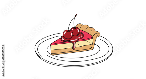 Simple and clean line art illustration of a delicious slice of cherry pie or cheesecake on a plate isolated on a white background.