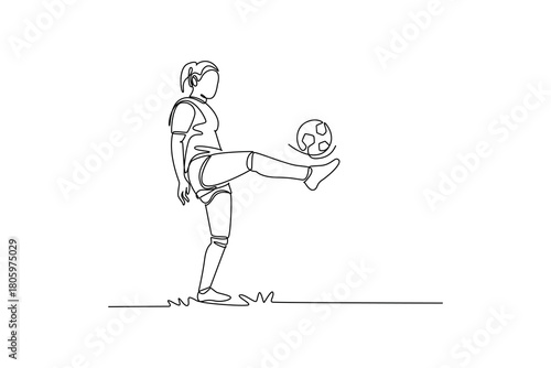 Single continuous line drawing woman soccer freestyle athlete expertly juggling ball off her raised foot. Fluid skill and dynamic control of the sport. One line draw graphic design vector illustration