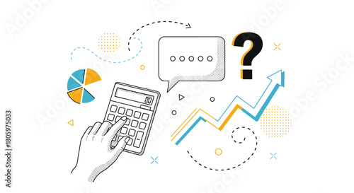 Financial planning and business analysis concept with a hand using a calculator surrounded by charts graphs and communication icons.