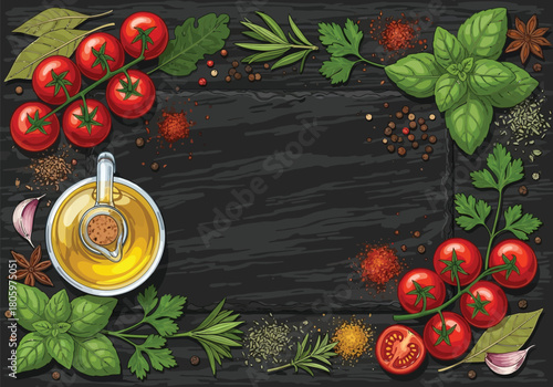 Fresh ingredients on dark board create a delicious recipe background for cooking blogs