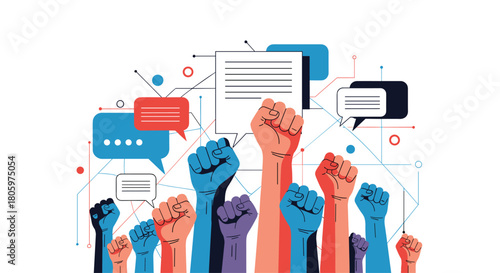Concept of protest and social activism with diverse multi-colored raised fists and speech bubbles symbolizing unity and free speech.