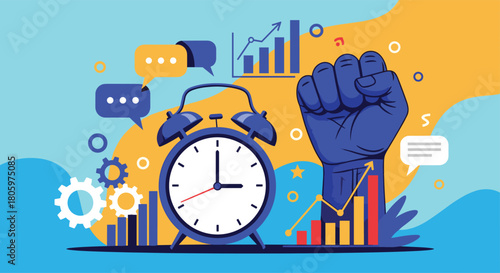 Time management and productivity concept featuring an alarm clock a raised fist and business icons like charts and graphs for success.