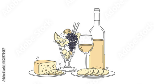 Elegant line art illustration of a wine and cheese pairing with crackers a fruit parfait and a bottle of white wine for a romantic dinner.