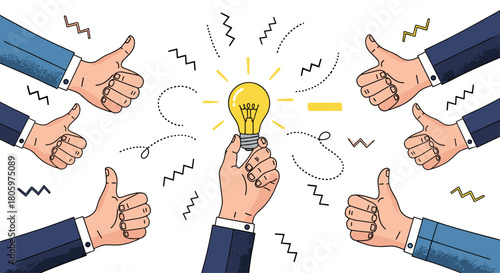 Great idea and business approval concept with a central hand holding a lightbulb surrounded by multiple hands giving a thumbs up.