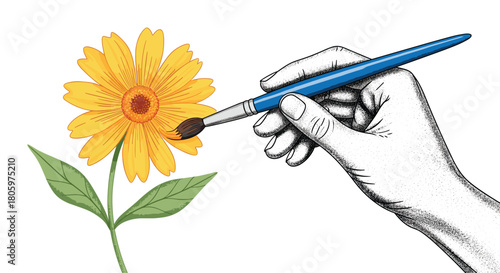Creative process and art concept with a retro-style stippled hand using a paintbrush to add color to a bright yellow flower.