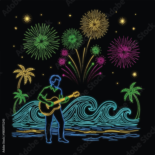 Neon guitarist on beach with colorful fireworks display at night.