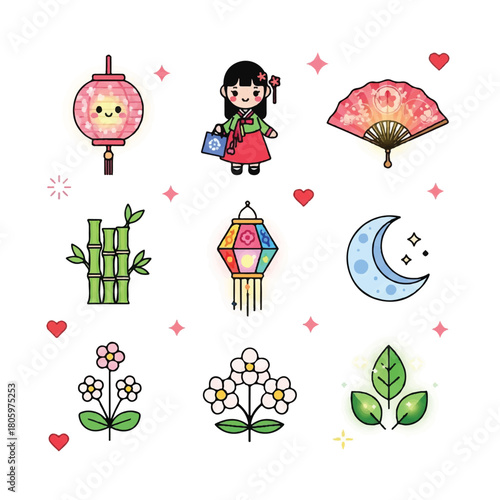 Cute korean culture and harvest festival icon set.