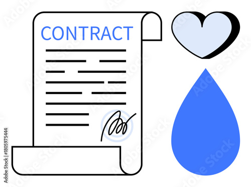 Contract paper with signature, heart, and water drop representing agreement, emotional connection, and sustainability. Ideal for legal, engagement, charity, environmental business ethical teamwork