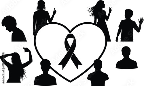 Black silhouettes of diverse people surrounding a heart with a ribbon inside on white background