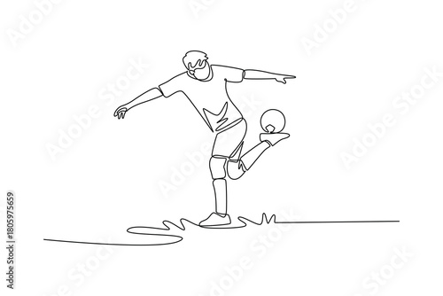 Single one line drawing young man soccer freestyle athlete balancing ball on his heel with arms wide. Fluid skill and dynamic control of sport. Continuous line draw design graphic vector illustration