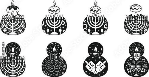 Collection of eight black and white Hanukkah themed graphic icons featuring menorahs and dreidels