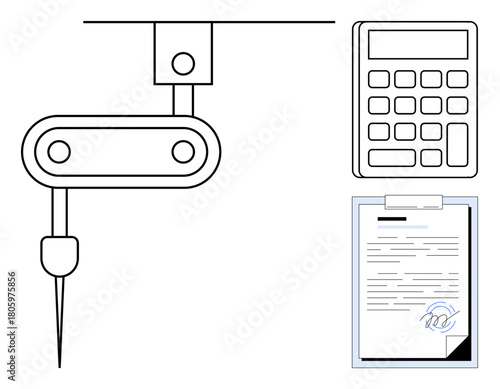 Robotic arm with drill precision alongside a calculator and signed document for automation, calculation, and validation. Ideal for technology, engineering, calculation, legal, precision, business