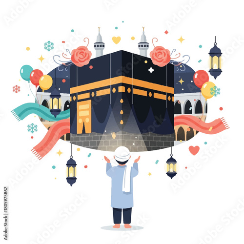 Flat illustration of muslim praying near kaaba during pilgrimage.