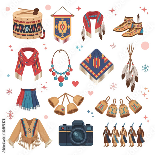 Native american powwow accessories set with traditional elements.