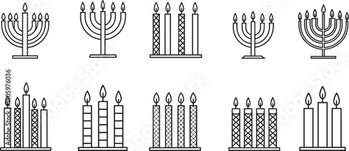 Collection of line art menorahs and candles with flame icons fire