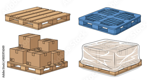 Set of four different types of shipping and storage pallets with boxes, Generative AI.