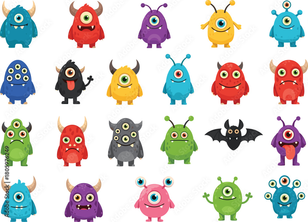 Naklejka premium Cartoon monsters, colorful creatures, kids illustration, fantasy characters, cute aliens, playful design, vector art, children graphics, fun monsters, unique styles
