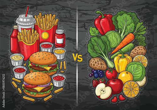 Healthy fresh vegetables versus fast food burger meal choice concept