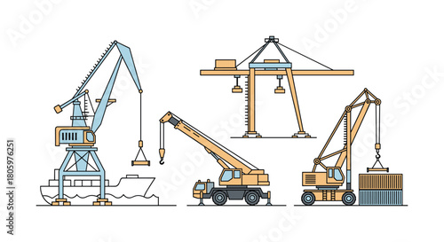 Various types of cranes used in industrial settings for heavy lifting, Generative AI.