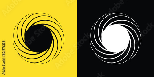 Abstract vortex design. Rotating lines creating circle shape on split color background.