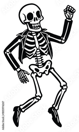 Dancing skeleton silhouette set in vintage Halloween style, spooky festive bone characters dancing