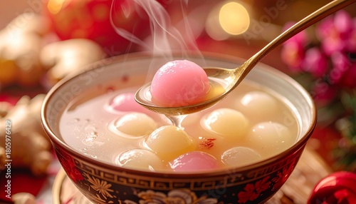 Dongzhi Festival Delight: Close-up of Tangyuan Being Served from a Bowl. Traditional Glutinous Rice Balls with Warm Broth.