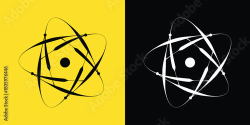 Atom model abstract design. Black and white art graphic element science illustration.
