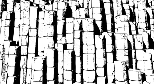 Striking Basalt Columns in a High Contrast Black and White Illustration.