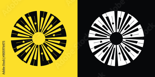 Circular pattern featuring piano key segments. Contrasting backgrounds add visual interest and a bold design.