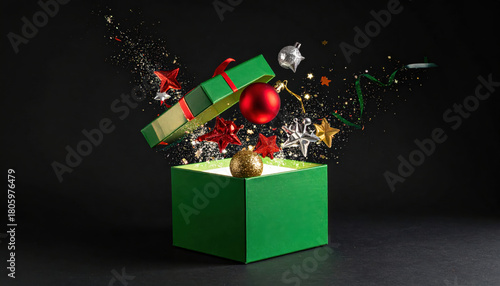 The Christmas gift box tilts open and there are things inside like stars and Christmas balls.