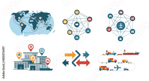 Global network and logistics icons for business and transport, Generative AI.