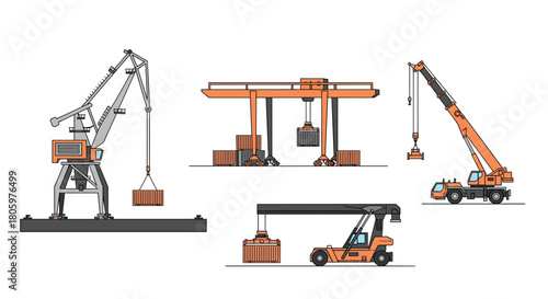 Various types of industrial cranes used in cargo handling operations, Generative AI.