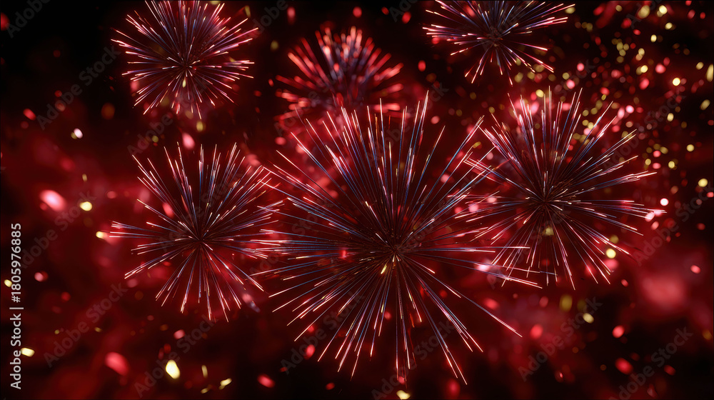 Naklejka premium Spectacular Night Scene with Synchronized Fireworks Bursting in Vibrant Colors Against a Dark Background